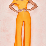 Damesæt i to dele – Off-Shoulder Crop Top – Højtaljede bukser med svaj