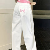 Lyserøde jeans med brede ben og broderet sløjfe