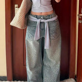 Vintage jeans med vide ben og rhinsten