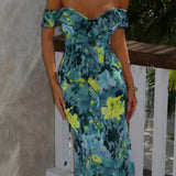 Sexet, stropløs, printet, flæset, bodycon maxikjole