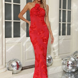 Sexet bodycon aftenkjole med åben ryg og 3D-blomsterbroderi