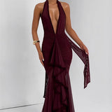 Sexet havfrue-aftenkjole med dyb halsudskæring og åben ryg