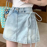 Højtaljet denimskort, A-snit, tætsiddende miniskørt