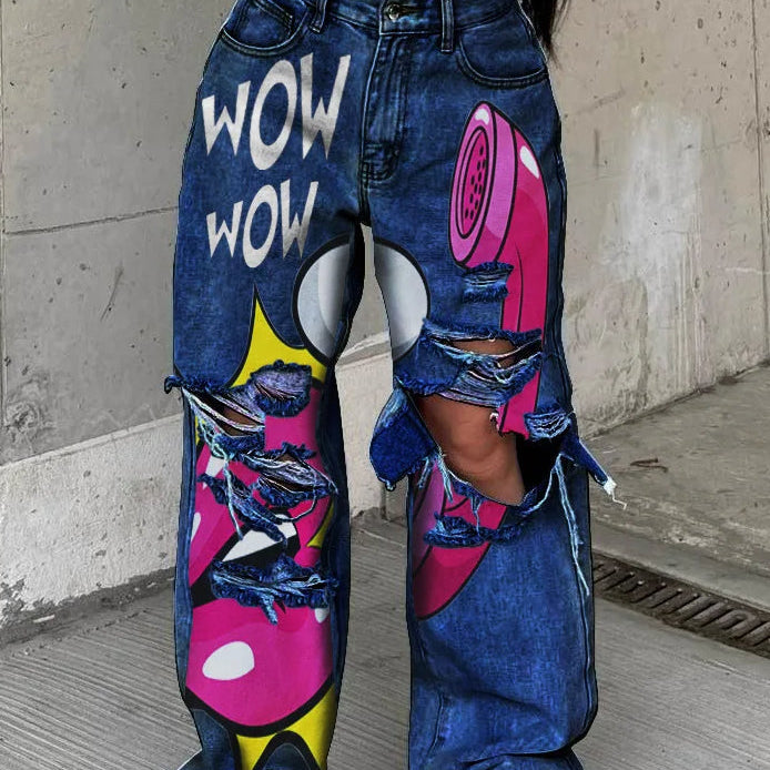 Mellemhøj talje baggy jeans med tryk