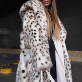 Lang frakke med hætte i leopardprintet kunstpels