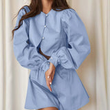 Todelt sæt med shorts og shorts med rund hals i blå bomuld til kontoret