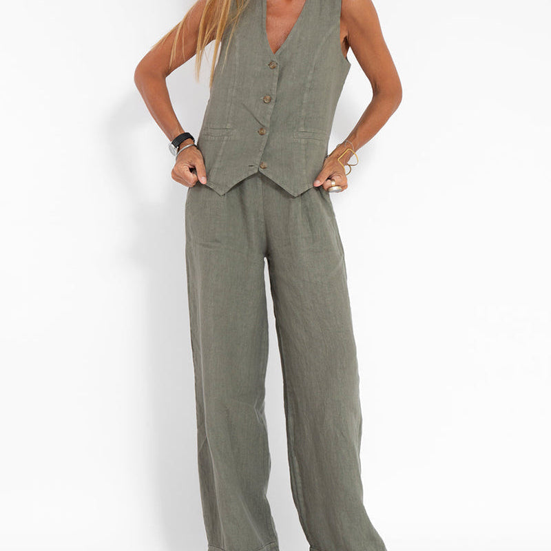 Damecardigan i tætsiddende materiale – Åndbart hør – V-hals – Elegant knaplukning