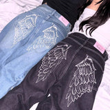 Lige jeans broderet med englevinger og rhinsten