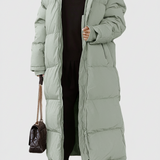 Lang damefrakke – Quiltet dynejakke – Oversized pasform – Højhalset hætte