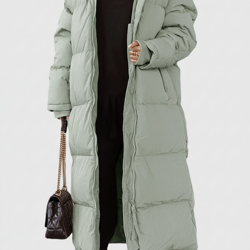 Lang damefrakke – Quiltet dynejakke – Oversized pasform – Højhalset hætte