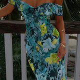 Sexet, stropløs, printet, flæset, bodycon maxikjole