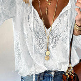 Damebluse - Elegant blonde - Lange ærmer - V-hals med bindebånd - Løs pasform