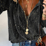 Damebluse - Elegant blonde - Lange ærmer - V-hals med bindebånd - Løs pasform