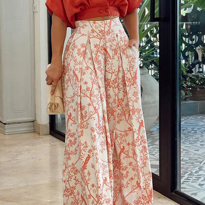 Damesæt – Løs crop top og brede højtaljede bukser – Flagrende bomulds- og hørstof