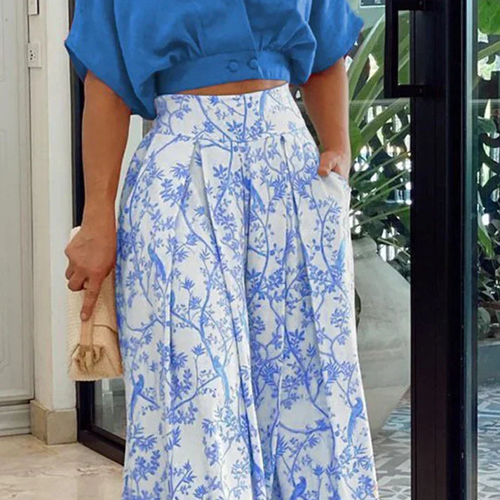 Damesæt – Løs crop top og brede højtaljede bukser – Flagrende bomulds- og hørstof