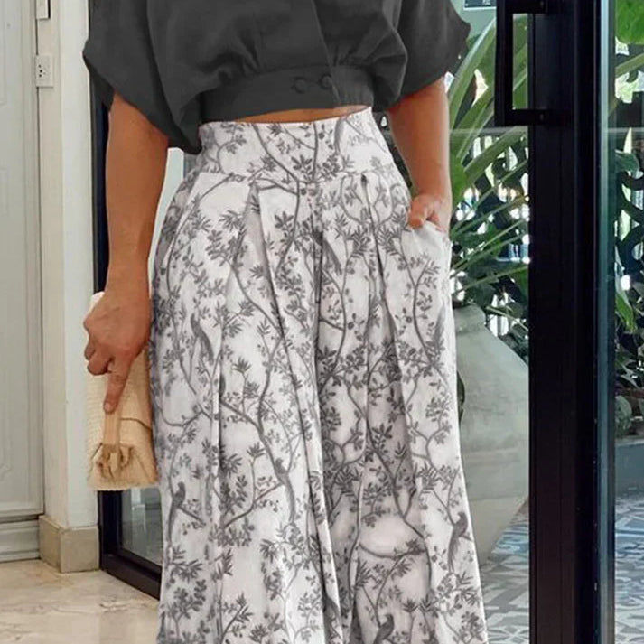 Damesæt – Løs crop top og brede højtaljede bukser – Flagrende bomulds- og hørstof