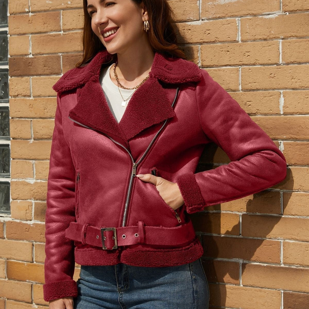 Ruskindsjakke foret med fåreskind og bælte