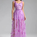 Aftenkjole med spaghettistropper og sommerfuglemotiv