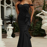 Ærmeløs maxikjole med off-shoulder-design og 3D-blomsterprint