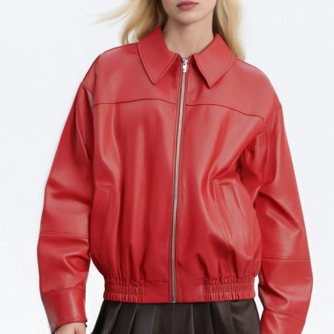 Afslappet PU-læderjakke med revers