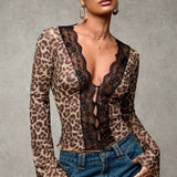 Leopardprintet cardiganbluse med flæser og blondeindsatser