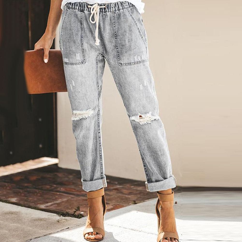 Damejeans - Højtaljede - Indbygget bælte - Slitageeffekt - Slim fit