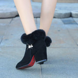 Dameankelstøvler - Elegant høj hæl - Pelsfor - Ruskind med lynlås