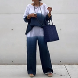 Damesæt – Løstsiddende top med bådhals og flagermusærmer + brede benbukser med elastisk talje