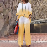 Damesæt – Løstsiddende top med bådhals og flagermusærmer + brede benbukser med elastisk talje