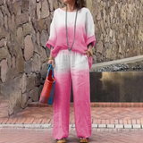 Damesæt – Løstsiddende top med bådhals og flagermusærmer + brede benbukser med elastisk talje