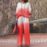 Damesæt – Løstsiddende top med bådhals og flagermusærmer + brede benbukser med elastisk talje