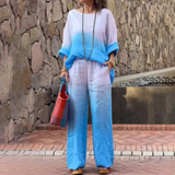 Damesæt – Løstsiddende top med bådhals og flagermusærmer + brede benbukser med elastisk talje