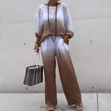 Damesæt – Løstsiddende top med bådhals og flagermusærmer + brede benbukser med elastisk talje