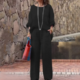 Damesæt – Løstsiddende top med bådhals og flagermusærmer + brede benbukser med elastisk talje