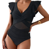 Dame badedragt i ét stykke – Dyb halsudskæring – Flæseærmer – Tyldetalje