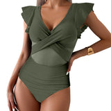 Dame badedragt i ét stykke – Dyb halsudskæring – Flæseærmer – Tyldetalje