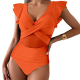 Dame badedragt i ét stykke – Dyb halsudskæring – Flæseærmer – Tyldetalje