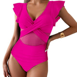 Dame badedragt i ét stykke – Dyb halsudskæring – Flæseærmer – Tyldetalje