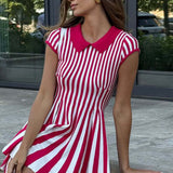 Vintage stribet mini trapezkjole med farveblokstrikket krave