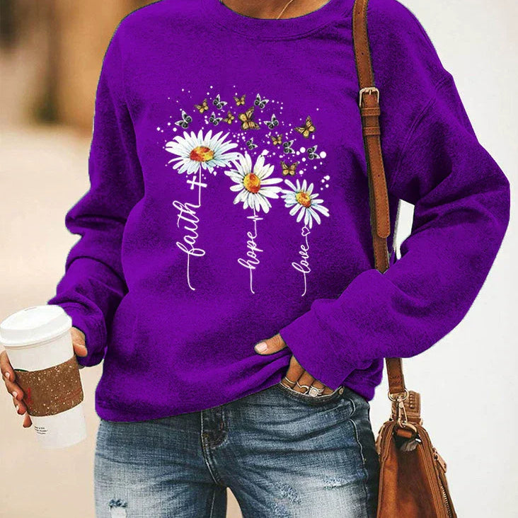 Damesweatshirt – Afslappet pasform – Blød bomuld – Blomster- og sommerfuglemønster