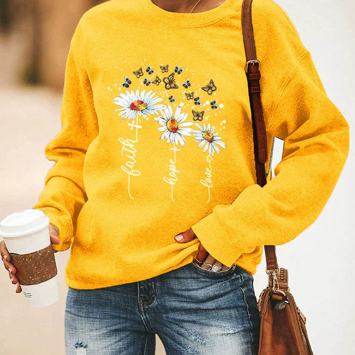 Damesweatshirt – Afslappet pasform – Blød bomuld – Blomster- og sommerfuglemønster