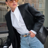 Langærmet vævet læderjakke med V-hals