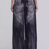 Y2K Wide Leg-jeans med vasket læder og englevinger