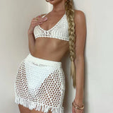 Dameminiskørt – Gennembrudt hæklet – Høj talje – Svaj snit – Frynser