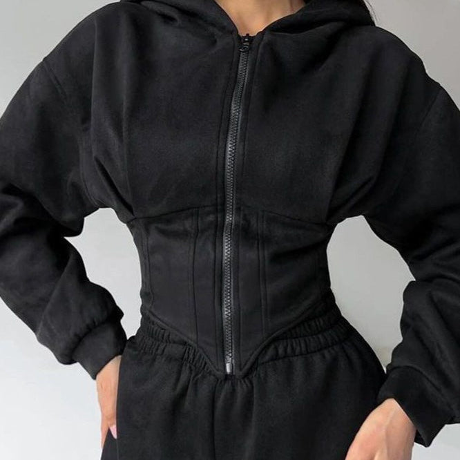 Todelt buksedragt med hætte og snøre