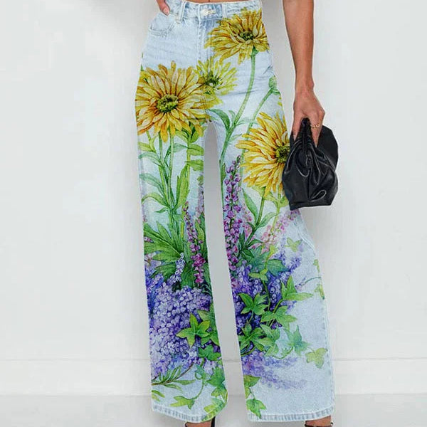 Damebukser – Høj talje – Lige snit – Slidte detaljer – 3D-blomstermønster