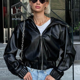 Oversized streetwear-jakke med hætte i sort kunstlæder