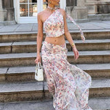 Ærmeløst sæt med én skulder i to dele, lyserødt og lilla blomsterprint