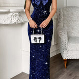 Stropløs maxi aftenkjole med sløjfe