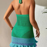 Hæklet strandkjole – flæset, trefarvet, rygløs til kvinder